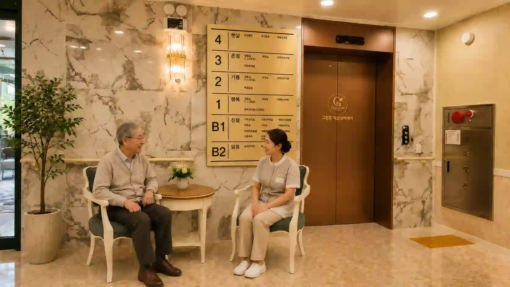 그린힐 재활실버케어 엘리베이터 홀 휴게공간 — 어르신과 직원이 이야기를 나누는 모습